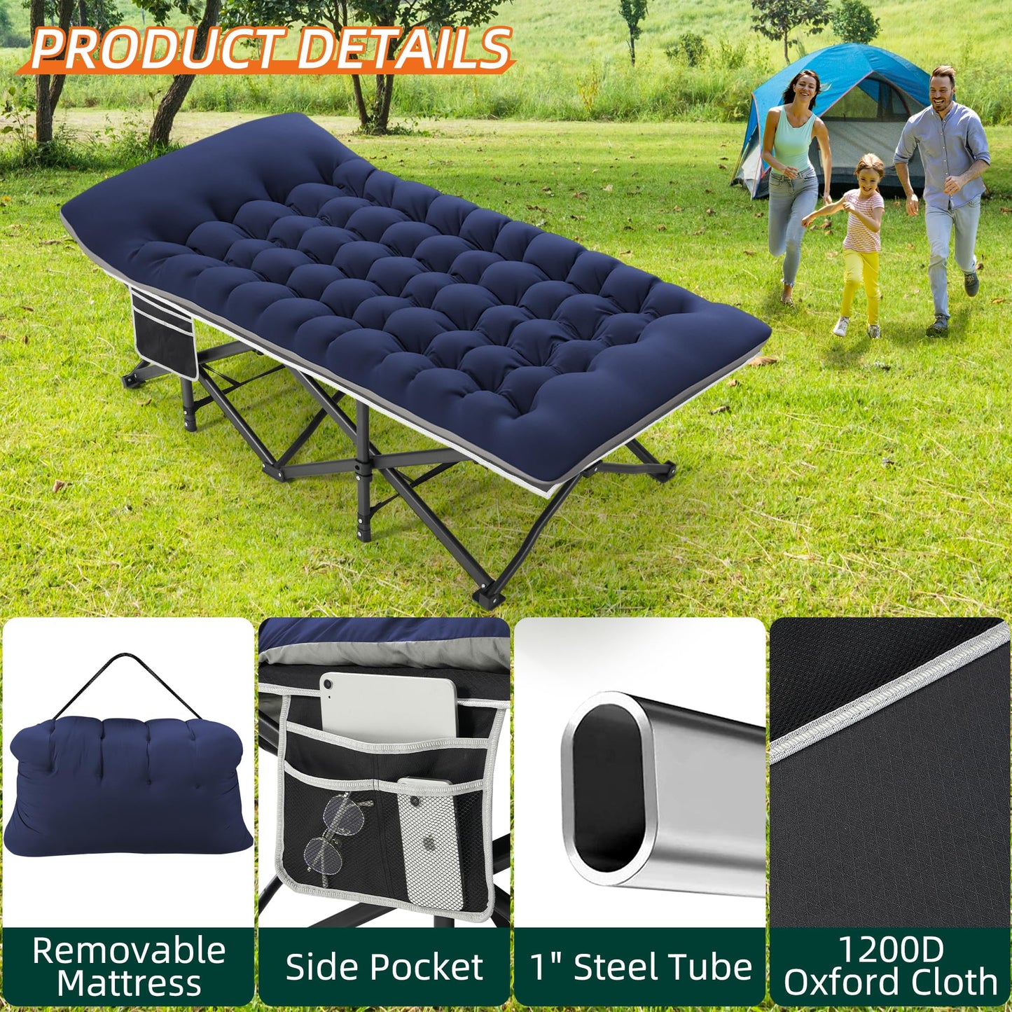 Fragess Portable Camping Cot, 32" Extra Wide Camping Cots for Everyone with Thick Cushion, Heavy Duty Sleeping Cot Holds Up to 600LBS, Cots for Sleeping, Rv, Beach, Patio, Office Naps(Blue)