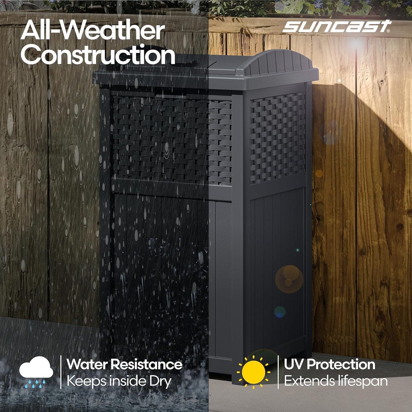 Suncast 33 Gallon Wicker-Style Trash Can - Weather-Resistant with Secure Latching Lid | Cyberspace Grey