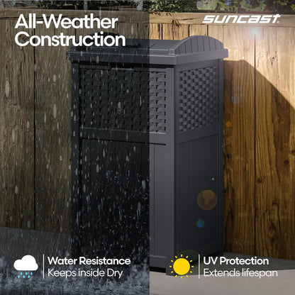 Suncast 33 Gallon Wicker-Style Trash Can - Weather-Resistant with Secure Latching Lid | Cyberspace Grey