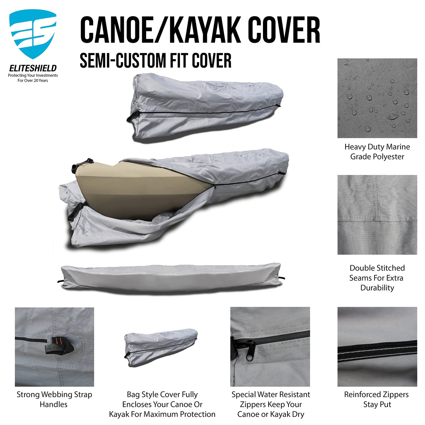 EliteShield Full Canoe Kayak Cover; Waterproof UV Resistant 600D Marine Grade Polyester Canoe Kayak Boat Storage Cover fits 17 ft-18 ft Long, 120 Inches Girth Gray Color
