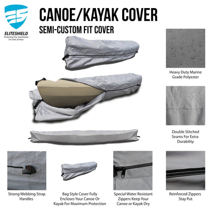 EliteShield Full Canoe Kayak Cover; Waterproof UV Resistant 600D Marine Grade Polyester Canoe Kayak Boat Storage Cover fits 17 ft-18 ft Long, 120 Inches Girth Gray Color