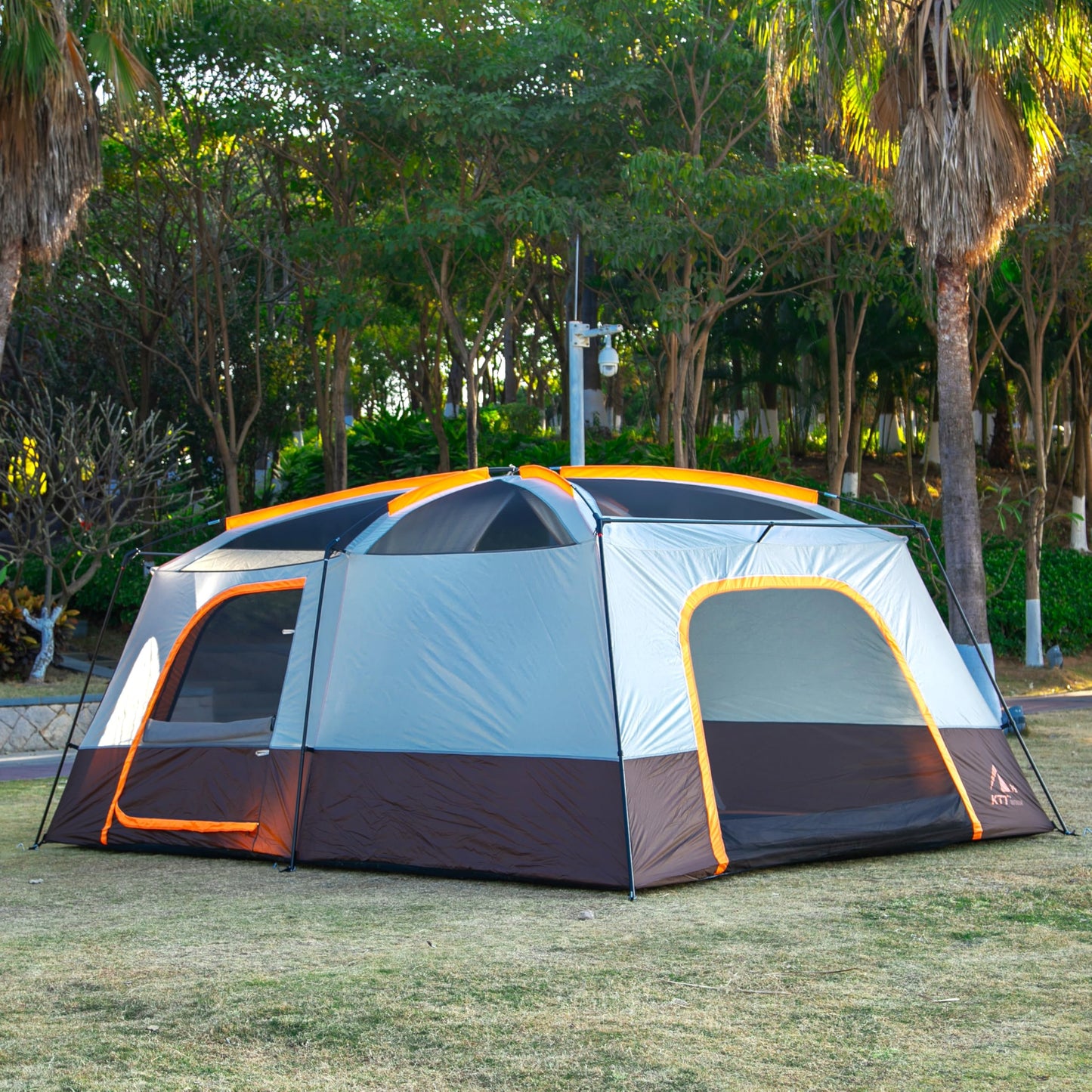 KTT Extra Large Tent 14 Person,Family Cabin Tents,2 Rooms,3 Doors and 3 Windows with Mesh,Straight Wall,Waterproof,Double Layer,Big Tent for Outdoor,Picnic,Camping,Family Gathering(Brown)