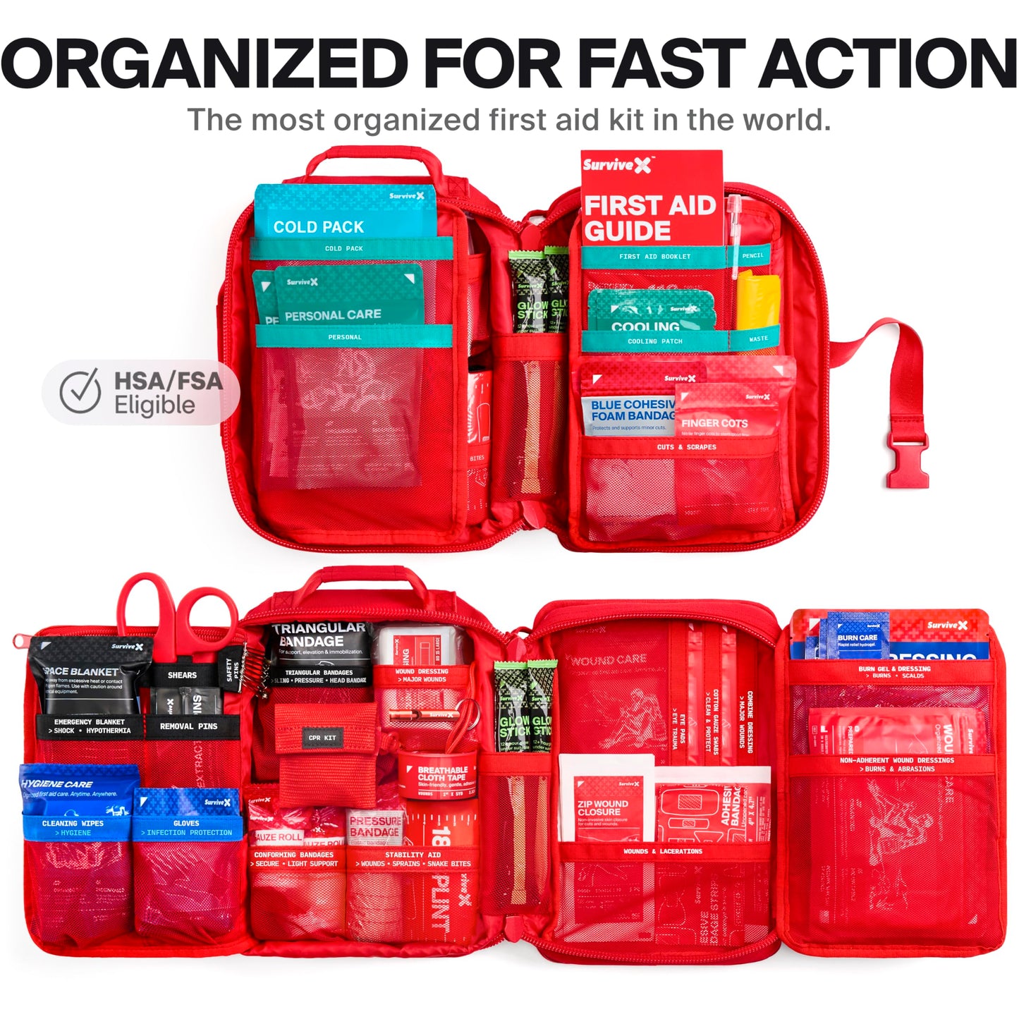 SurviveX Large Pro First Aid Kit for Car, Travel & Home - Emergency Kit for Hiking, Camping, Backpacking and Outdoors - Includes Zip Stitch Wound Closure Strips