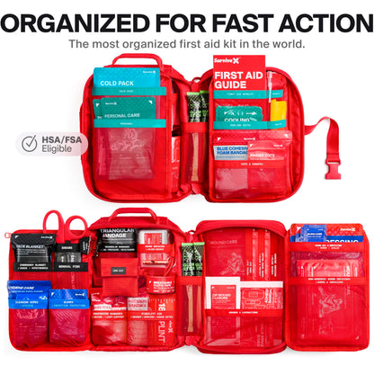 SurviveX Large Pro First Aid Kit for Car, Travel & Home - Emergency Kit for Hiking, Camping, Backpacking and Outdoors - Includes Zip Stitch Wound Closure Strips