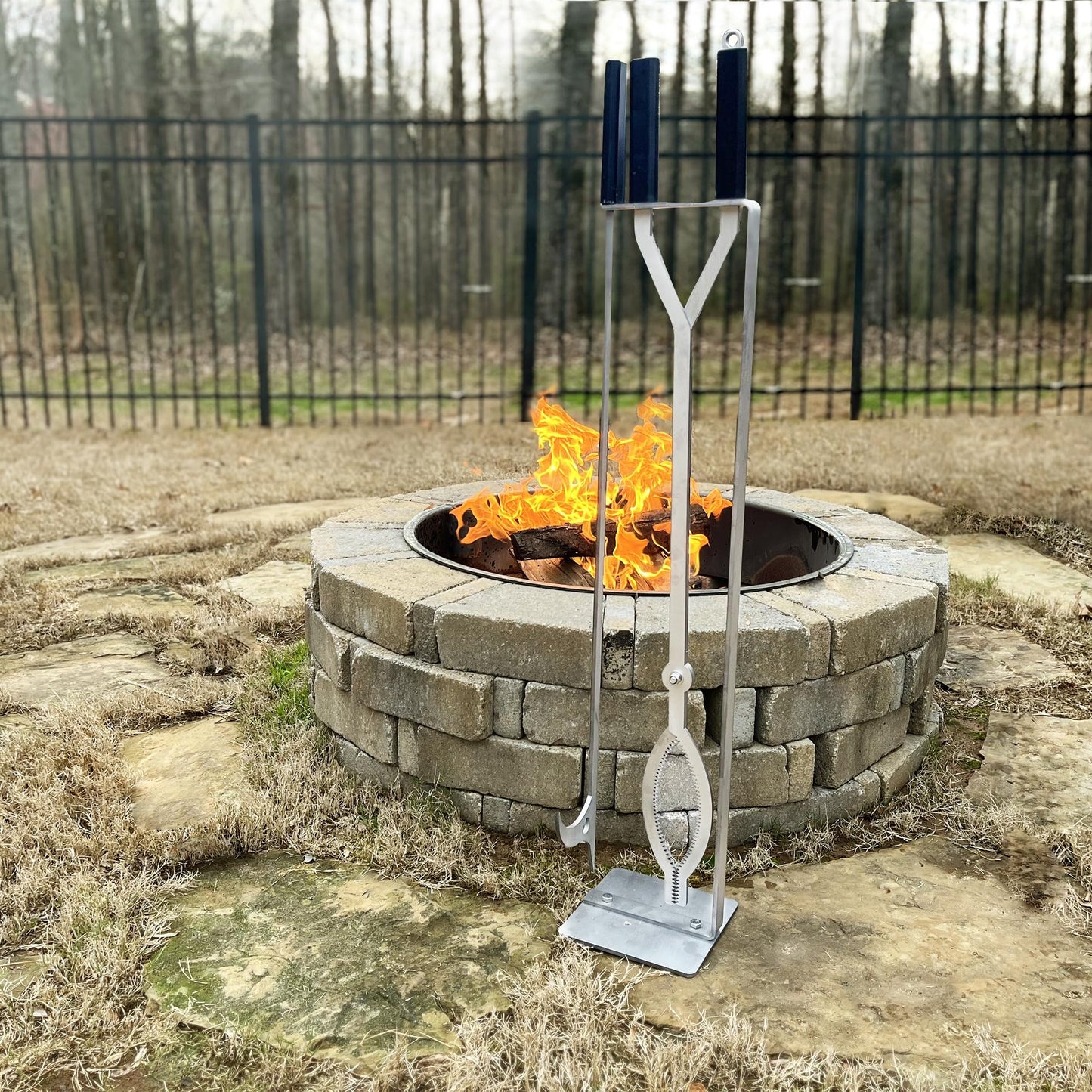 CKLT Stainless Steel Fire Pit Tools Set with 40" Fire Poker and Log Tongs, Fireplace Tools with Sturdy Stand Base, Firewood Log Grabber for Campfire Backyard Bonfire Wood Stove Indoor&Outdoor