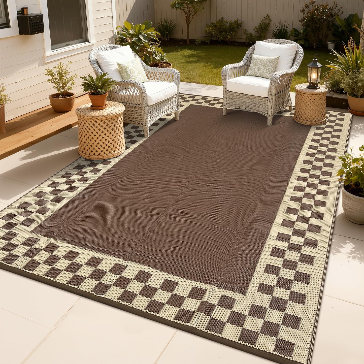 GAOMON Patio Modern Checkered Outdoor Rug 10x14 Waterproof Large Reversible Camping Mat Foldable Lightweight Plastic Straw Outdoor Rug for Deck, Picnic, Porch, Camper, Balcony, Beach, Rv, Brown