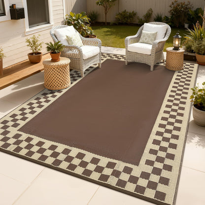 GAOMON Patio Modern Checkered Outdoor Rug 10x14 Waterproof Large Reversible Camping Mat Foldable Lightweight Plastic Straw Outdoor Rug for Deck, Picnic, Porch, Camper, Balcony, Beach, Rv, Brown