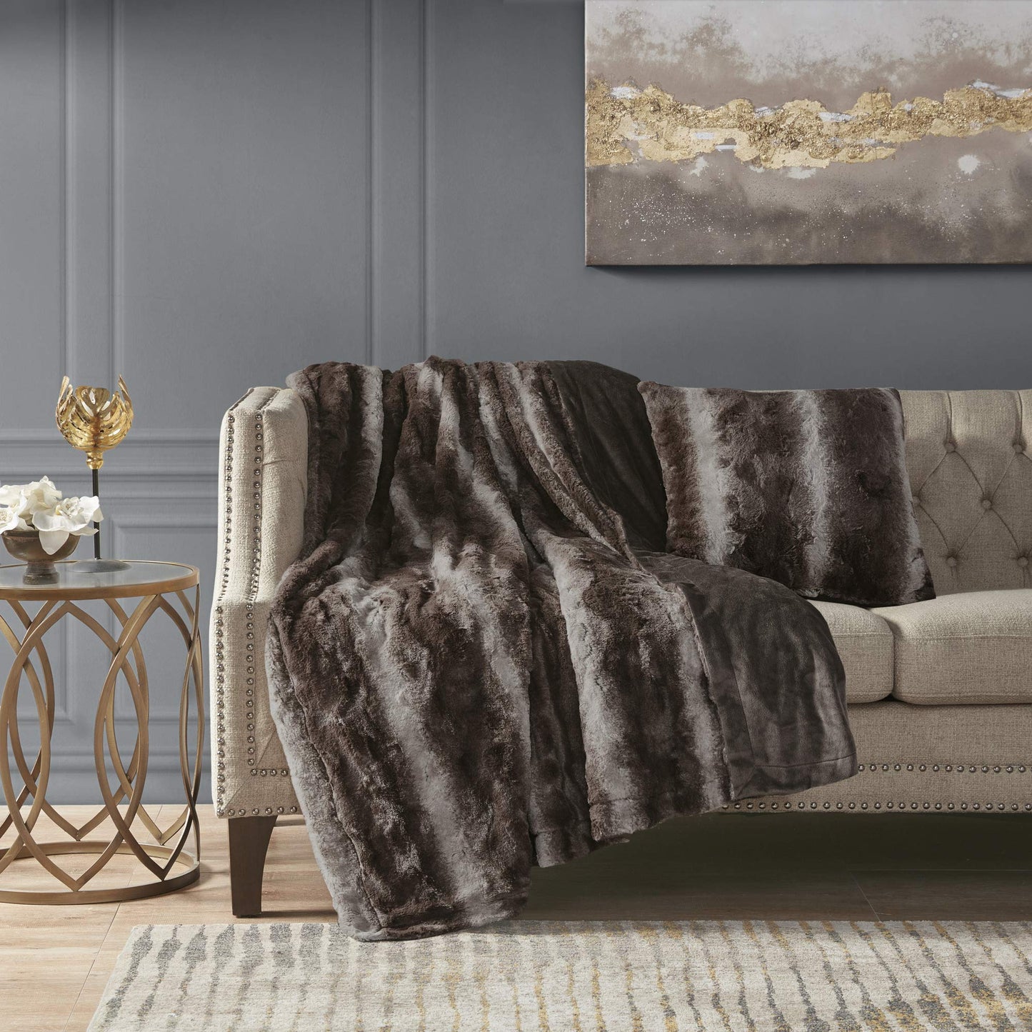 Madison Park Zuri Faux Fur Ombre Stripe Ultra Soft Luxury Decorative Throw Pillows, For Couch Bed With Insert, 20" x 20", Grey