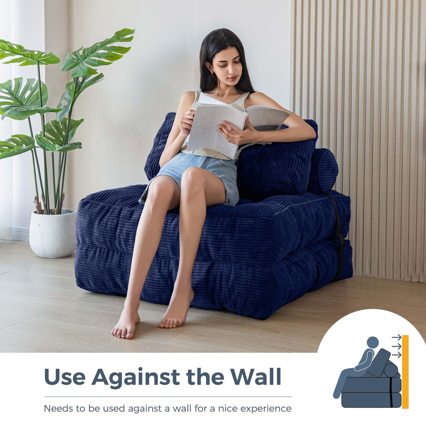 MAXYOYO Folding Sofa Bed, Convertible Chair with Pillow Foldable with Back Support, Portable Fold Out Chair Bed Comfy Floor Sofa Lounge for Living Room Bedroom, Navy, Single