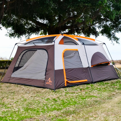 KTT Extra Large Tent 12 Person,Family Cabin Tents,Full Rainfly,2 Bay-Windows,2 Rooms and 3 Doors 3 Windows with Mesh,Waterproof,Straight Wall,Double Layer,Big Tent for Outdoor,Picnic,Camping(Brown)