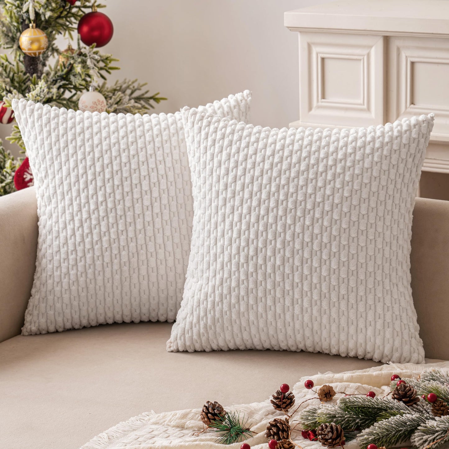 MIULEE Pack of 2 Decorative Throw Pillow Covers 18x18 Inch Soft Boho Striped Textured Corduroy Pillow Covers Modern Farmhouse Home Decor for Couch Bed Sofa Living Room Cream White