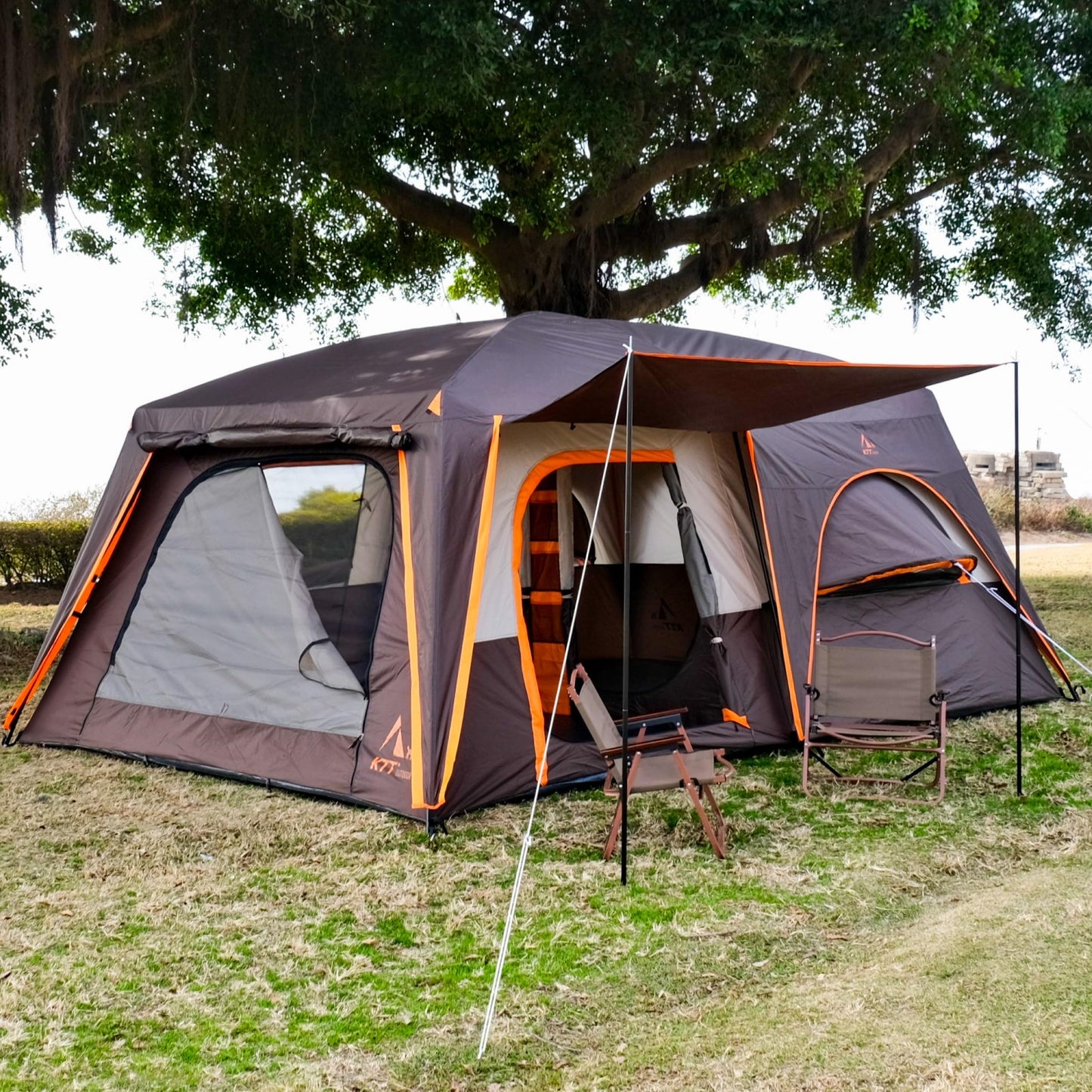 KTT Extra Large Tent 12 Person,Family Cabin Tents,Full Rainfly,2 Bay-Windows,2 Rooms and 3 Doors 3 Windows with Mesh,Waterproof,Straight Wall,Double Layer,Big Tent for Outdoor,Picnic,Camping(Brown)