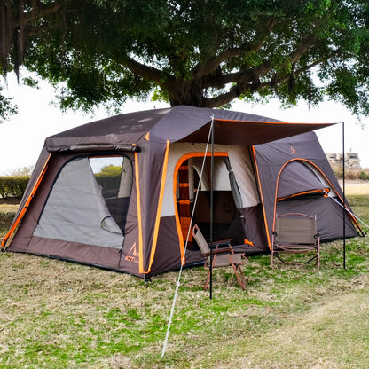 KTT Extra Large Tent 12 Person,Family Cabin Tents,Full Rainfly,2 Bay-Windows,2 Rooms and 3 Doors 3 Windows with Mesh,Waterproof,Straight Wall,Double Layer,Big Tent for Outdoor,Picnic,Camping(Brown)