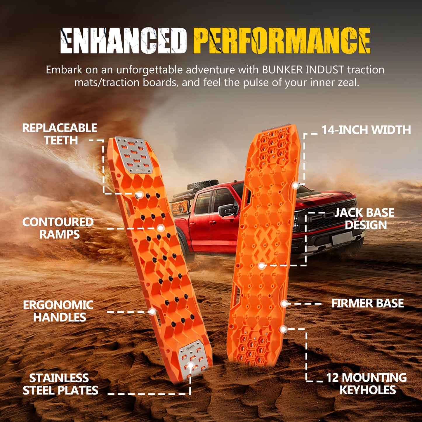 BUNKER INDUST Offroad Traction Board with Jack Base,Pair 47.24"L x 14"W Recovery Track Tire Traction Mat -Orange Sand,Mud,Snow Ramps (Replaceable Dual Colors Teeth/Rugged Steel Plate) Gen 11th