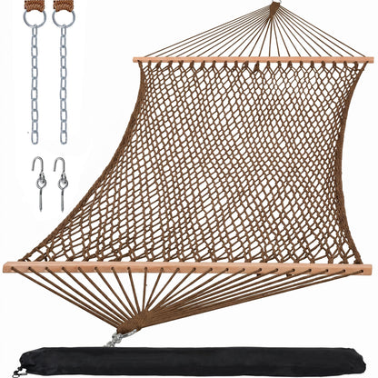 SUNCREAT Hanging Backyard Rope Hammock with Spreader Bar, Carrying Bag, 450 lbs Capacity, Portable Two Person Hammock with Tree Hooks, Brown