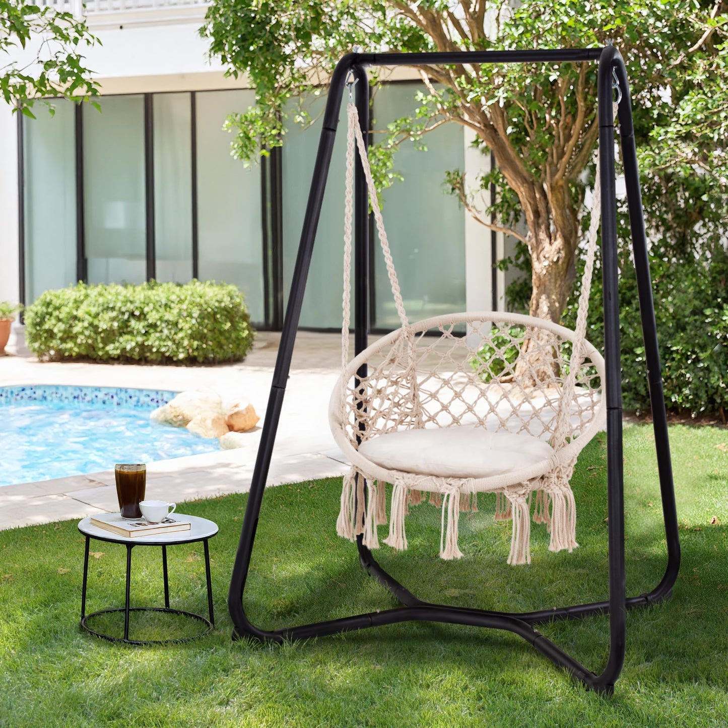 SUNCREAT Patio Swing Chair with Stand and Cushion, Heavy Duty Hanging Chair with Stand for Bedroom, 330 lbs Capacity, Patent Pending, Beige