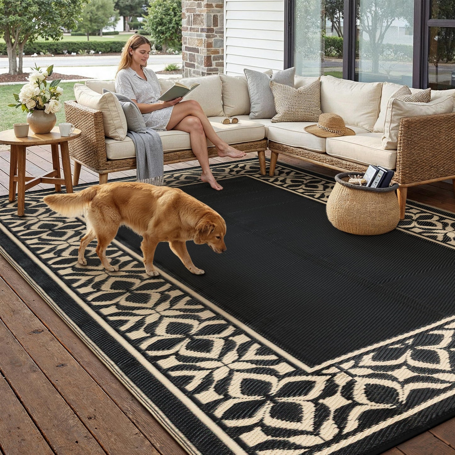 PureCozy Outdoor Plastic Straw Rug Black Beige Large Outside Waterproof Outdoor Patio 10x14 Carpet Geometric Reversible Mat Modern for Camping RV Porch Deck Balcony Beach