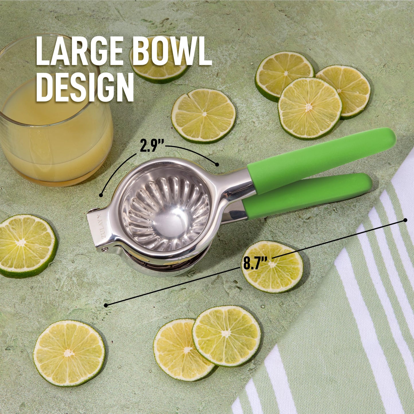 Zulay Lemon Squeezer Stainless Steel with Premium Heavy Duty Solid Metal Squeezer Bowl (Black Grip, Large)