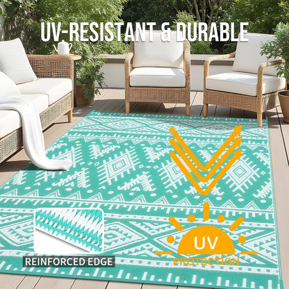OLANLY Outdoor Rug Waterproof 9x18 ft, Reversible Outdoor Plastic Straw Rug, Boho Patio Rug, Indoor Outdoor Carpet, RV Mat Outside for Patio, Camp, Picnic, Balcony, Deck, Backyard, Turquoise & White