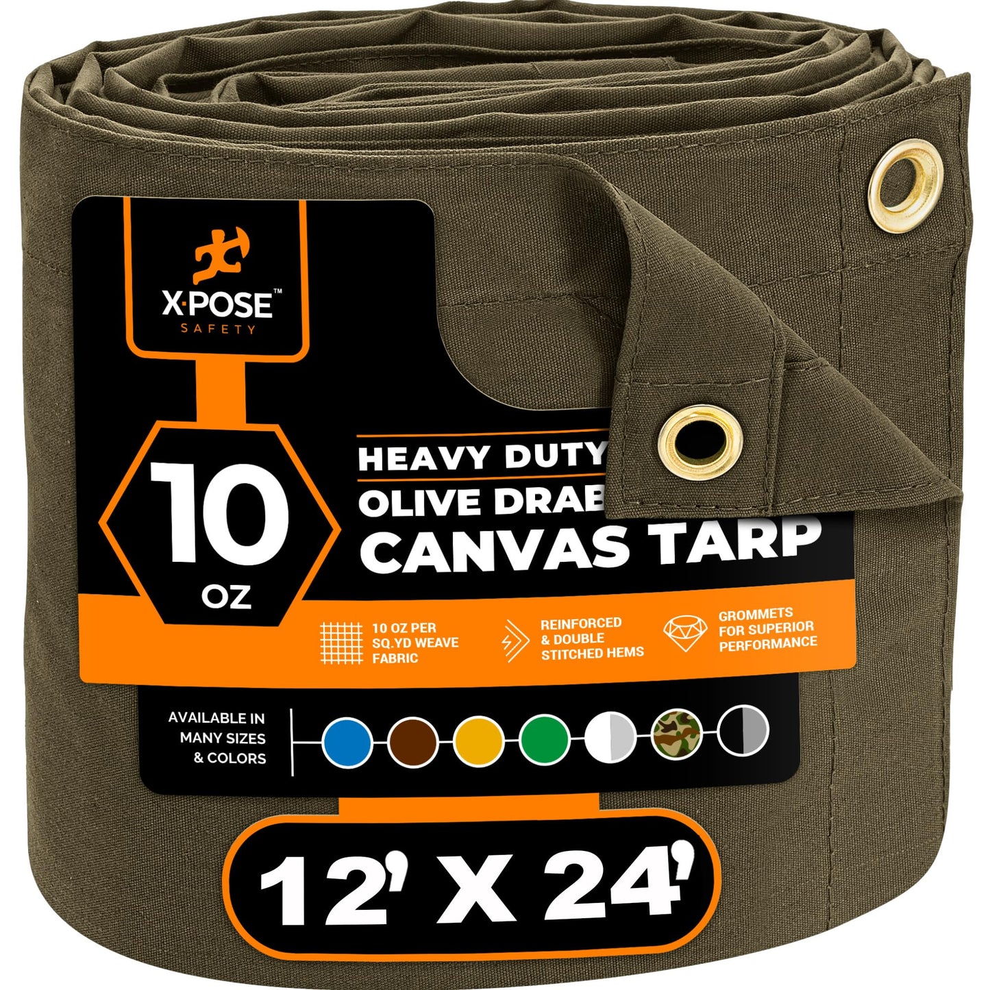 Xpose Safety Canvas Tarp - 10oz Olive Drab Canvas Tarps Heavy Duty Water Resistant with Brass Grommets- Multipurpose Outdoor Tarpaulin for Camping, Canopy, Trailer, Equipment Cover 12' x 24'