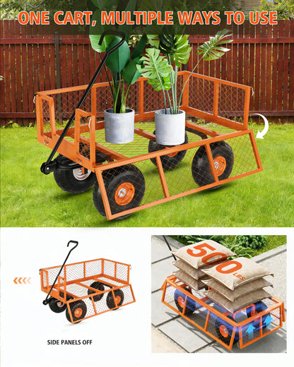 Garvee Steel Garden Cart, 500 LBS Capacity Utility Outdoor Wagon, Heavy Duty Mesh Garden Metal Wagon with Removable Sides, Flexible Handle for Yard, Lawn, Garden