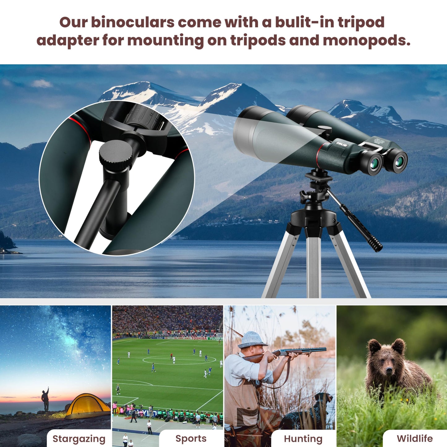 ESSLNB 30x80 Astronomy Binoculars Giant for Adults, Waterproof Outdoor Binoculars for Travel Stargazing Bird Watching Hunting with Built-in Tripod Adapter and Carrying Bag (Black)