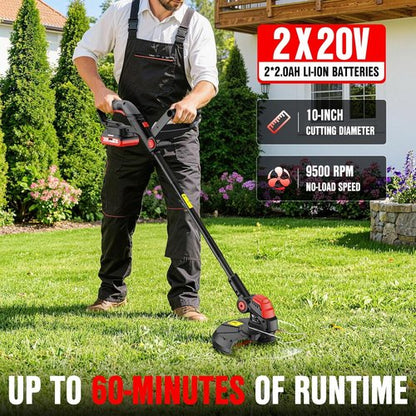 EWORK Cordless Weed Wacker - 20V 10-Inch Electric Grass Trimmer with Upgraded Cutter Blade & 2 Batteries