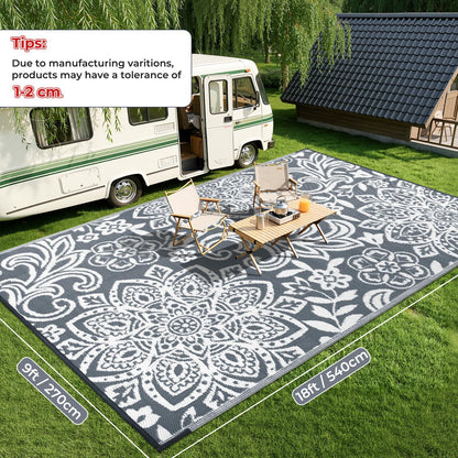 Findosom Waterproof Outdoor Rug 9' x 18' - Reversible Mandala Outdoor Plastic Straw Rug, Durable Foldable Patio Rug for RV, Deck, Balcony, Backyard, Picnic, Porch, Camping, Beach, Gray