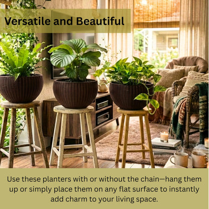 LaLaGreen Hanging Planters for Indoor Plants (11 Inch, 3 Pack) Brown Rattan Style Self-Watering Flower Pots with Water Level Indicator, Plastic Baskets with Metal Chain for Balcony, Porch Garden Decor
