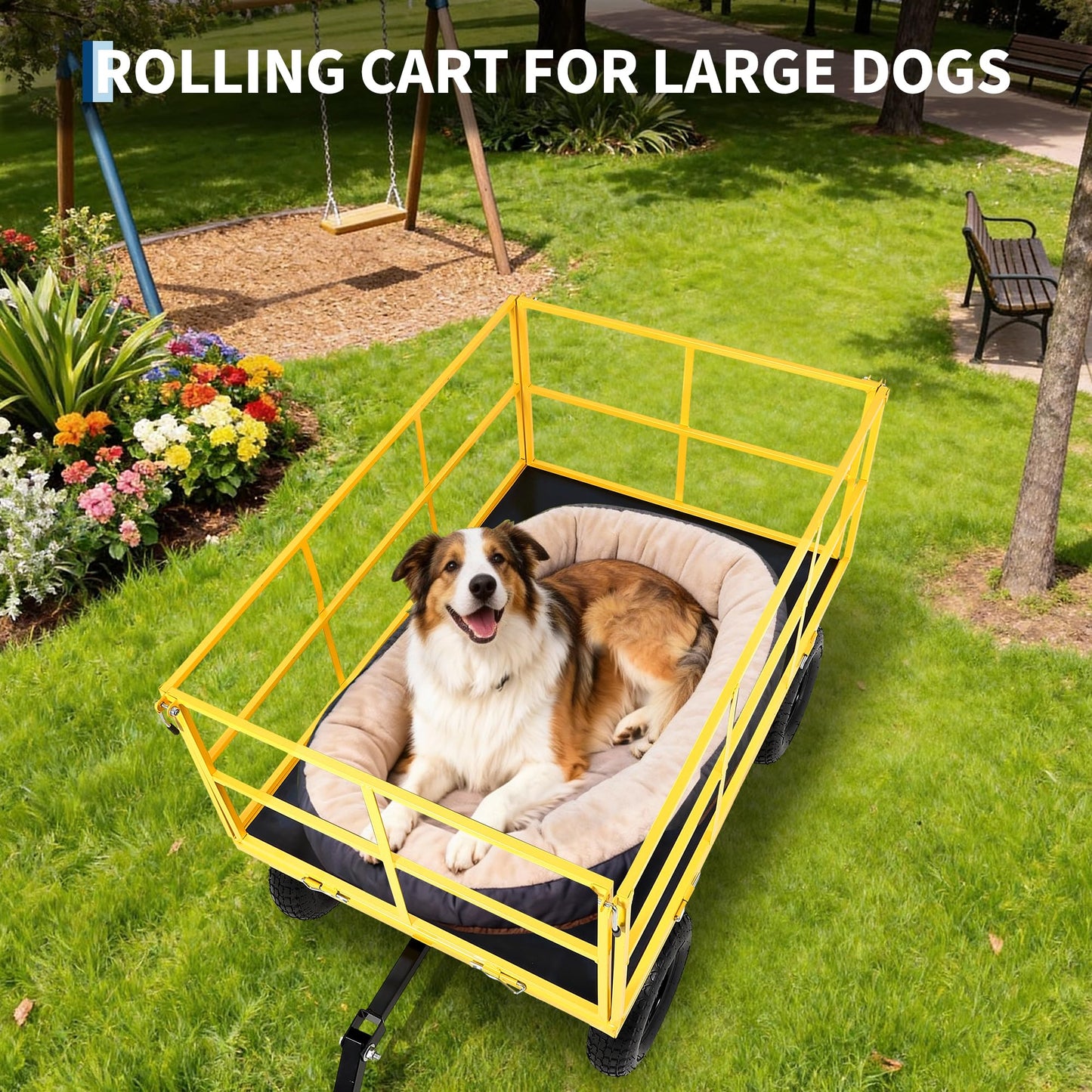 Heavy Duty 1500 Lbs Steel Garden Cart – 3-in-1 Utility Wagon & Trailer with Removable Mesh Sides, 13" All-Terrain Tires, 180° Rotating Handle for Lawn, Yard, Gardening Tasks, Outdoor Hauling