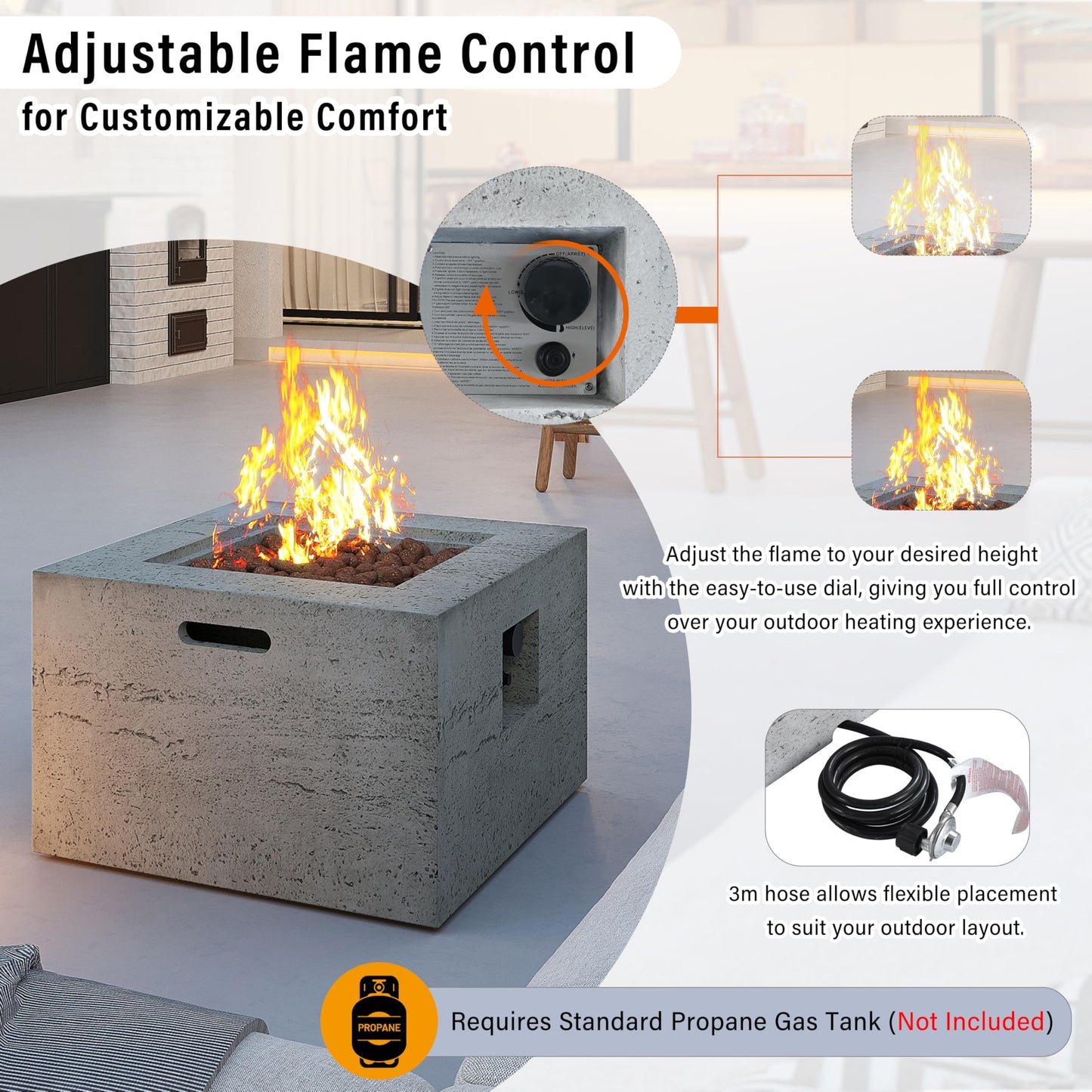 Merax MGO Outdoor Square Fire Pit with Steel Burner,Lightweight 24.02-inch Propane Fire Pit Table with Adjustable Flame, 40,000 BTU, Lava Rocks, and Rain Cover for Patio,Backyard, Poolside, Gray