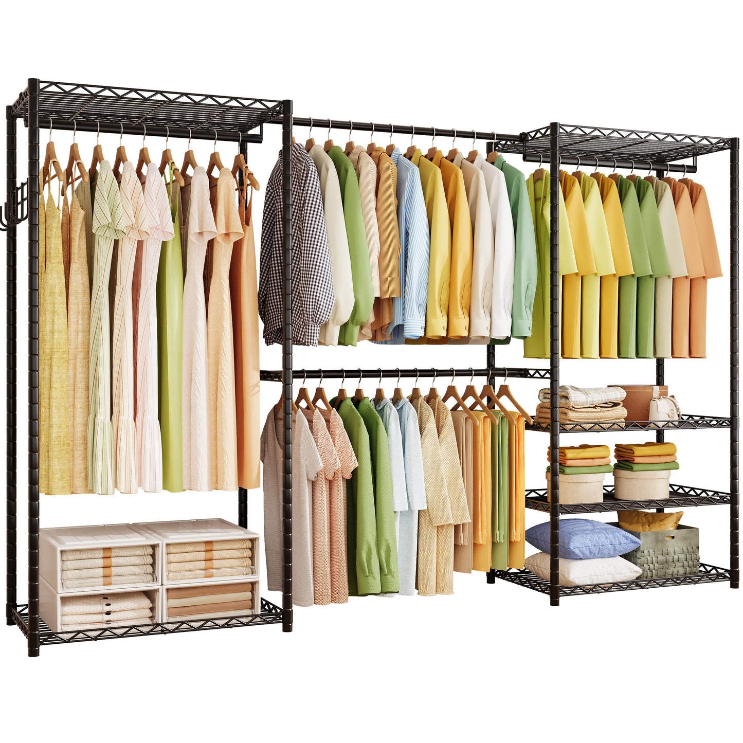 ecobedding Heavy Duty Garment Rack, 900LBS Max Load Freestanding Closet Organizer with 6 Storage Shelves & 3 Adjustable Hanging Rods, Multifunctional (Black, 15.75" D x (69.7~88.2)" W x 79.5" H)