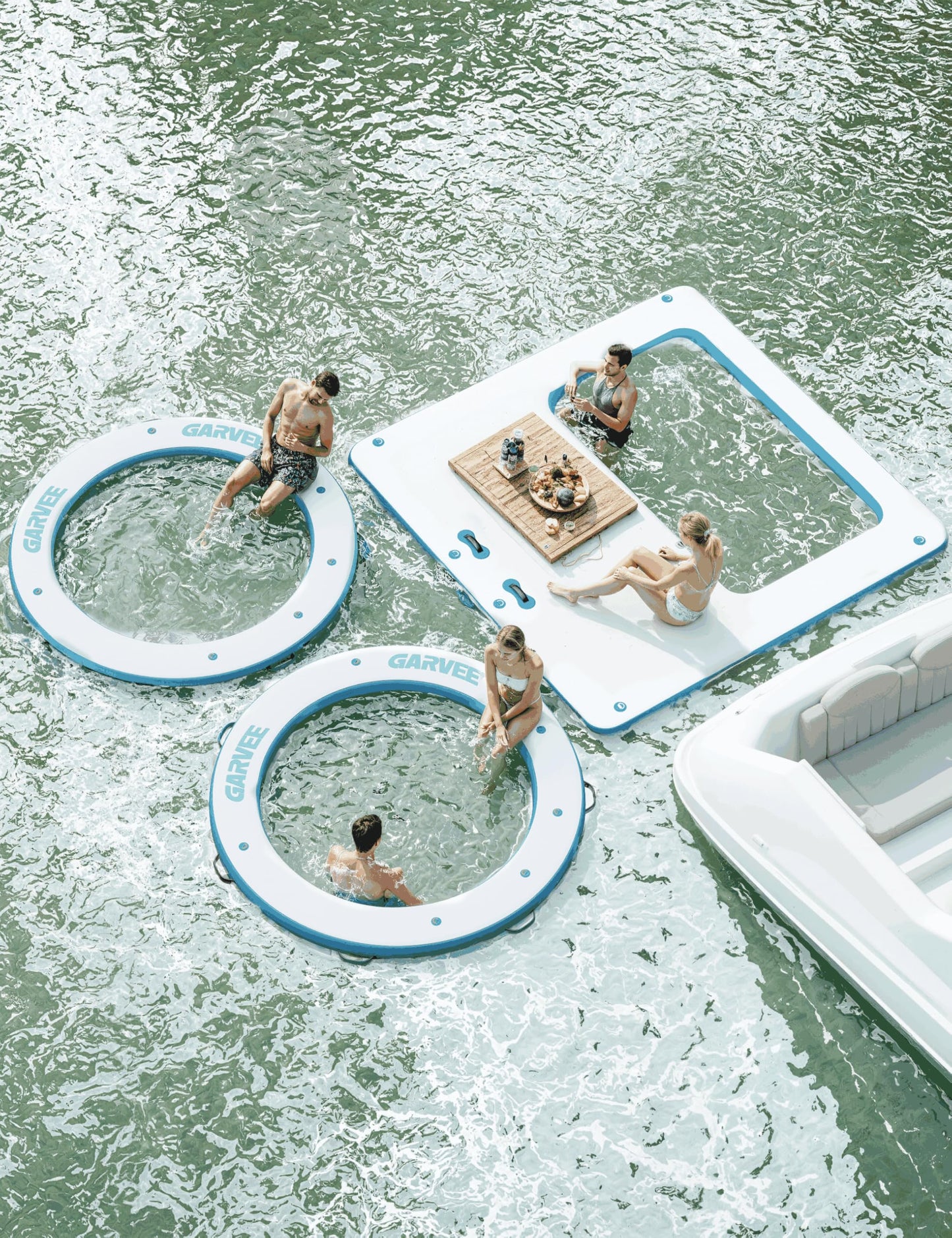Inflatable Floating Island 10x10FT - with 4 * 7ft Trampoline Mesh Pool & Detachable Ladder - Portable Water Dock for Beach, Pool, Lake - Non-Slip Surface + Storage Bag