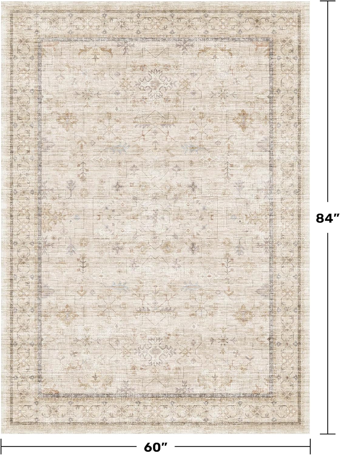 Skiennix Washable Ivory 5x7 Area Rug - Non-Slip Low Pile Carpet for Bedroom & Home Office