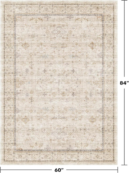 Skiennix Washable Ivory 5x7 Area Rug - Non-Slip Low Pile Carpet for Bedroom & Home Office
