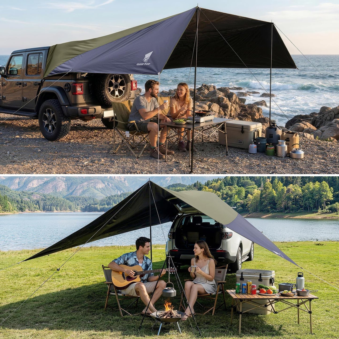 GEERTOP Large Car Awning Tarp Blackout Sun Shade Shelter for SUV Truck Tailgate Canopy Waterproof for Camping Beach Tailgating - Easy Setup with Poles