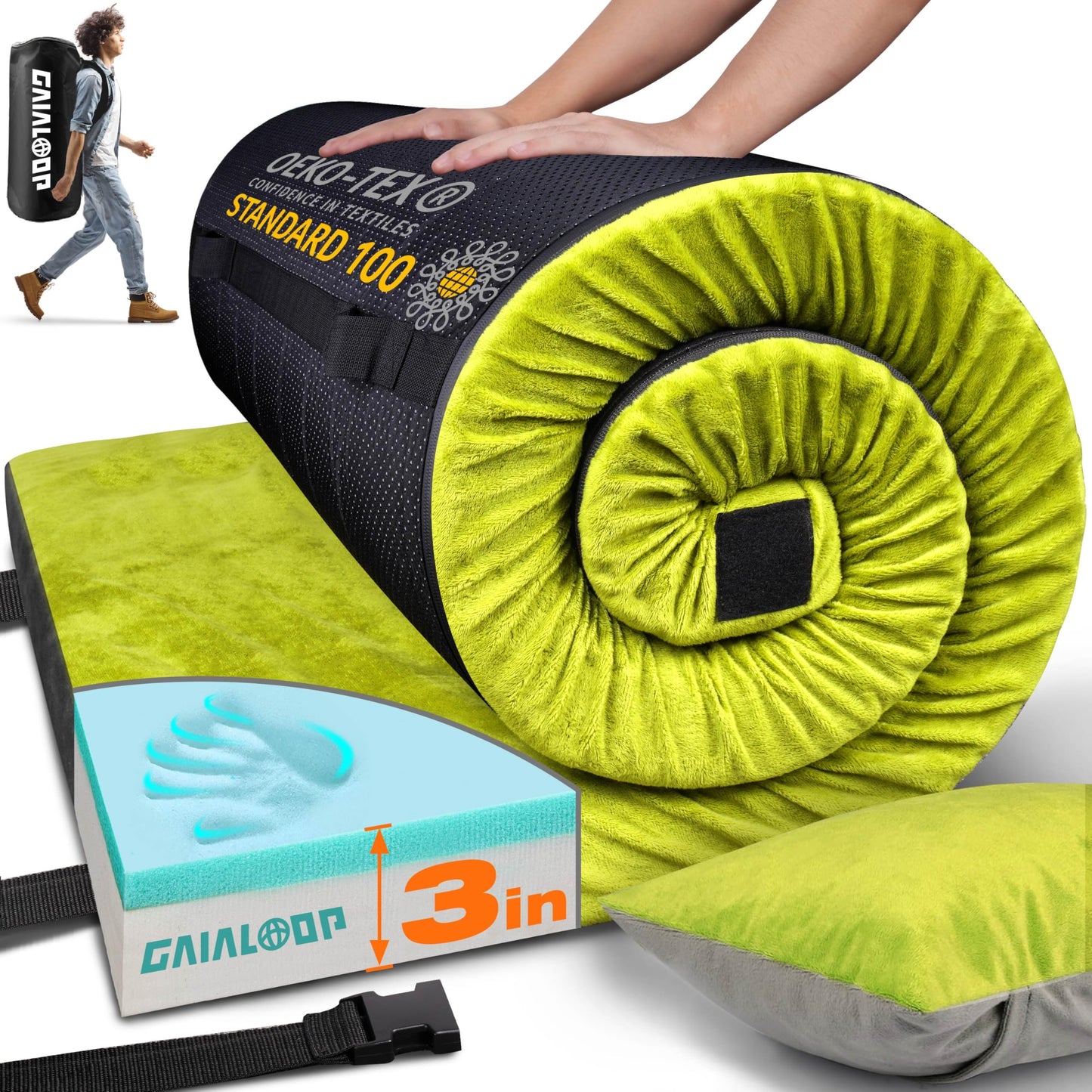 GAIALOOP 3 Inch Memory Foam Camping Mattress, Dual Layer Thick Sleeping Camp Pad for Car Tent Cot, Roll-Up Portable Glamping Floor Bed for Guests Sleepover[Single: 75 * 30 * 3"]