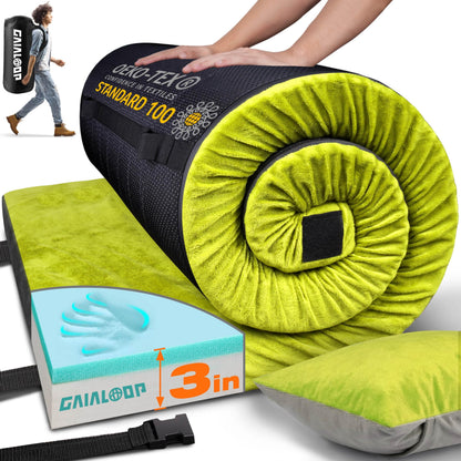 GAIALOOP 3 Inch Memory Foam Camping Mattress, Dual Layer Thick Sleeping Camp Pad for Car Tent Cot, Roll-Up Portable Glamping Floor Bed for Guests Sleepover[Single: 75 * 30 * 3"]
