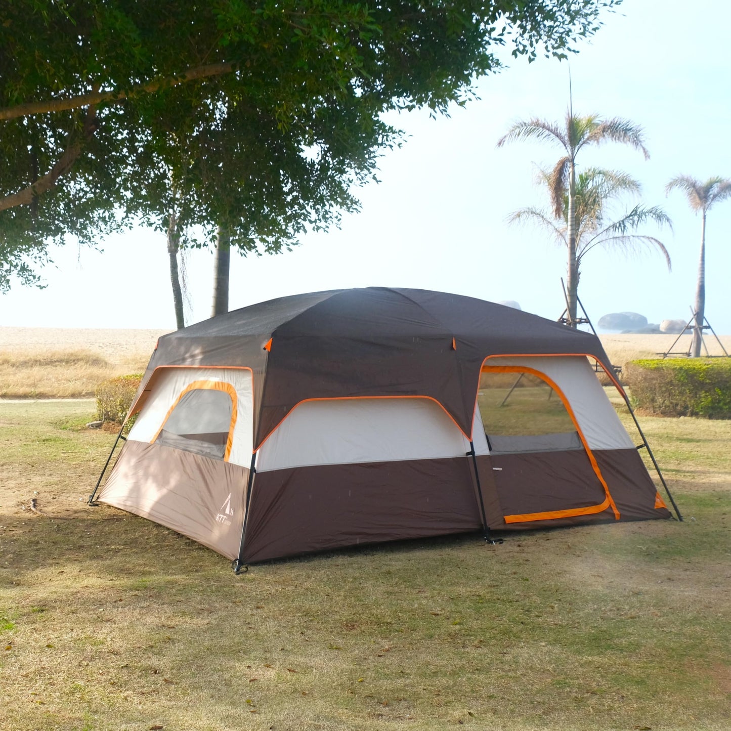 KTT Extra Large Tent 12 Person,Family Cabin Tents,2 Rooms,3 Doors and 3 Windows with Mesh,Straight Wall,Waterproof,Double Layer,Big Tent for Outdoor,Picnic,Camping,Family Gathering(Brown)