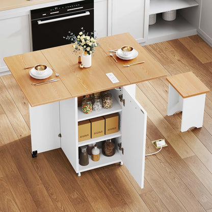 YITAHOME Folding Kitchen Table with Power Outlet, Drop Leaf Kitchen Table Islands for 2 on Wheels, Convertible Trash Can Storage Cabinet for 10 Gallon Garbage Bin, Adjustable Storage Racks, Wihte Oak