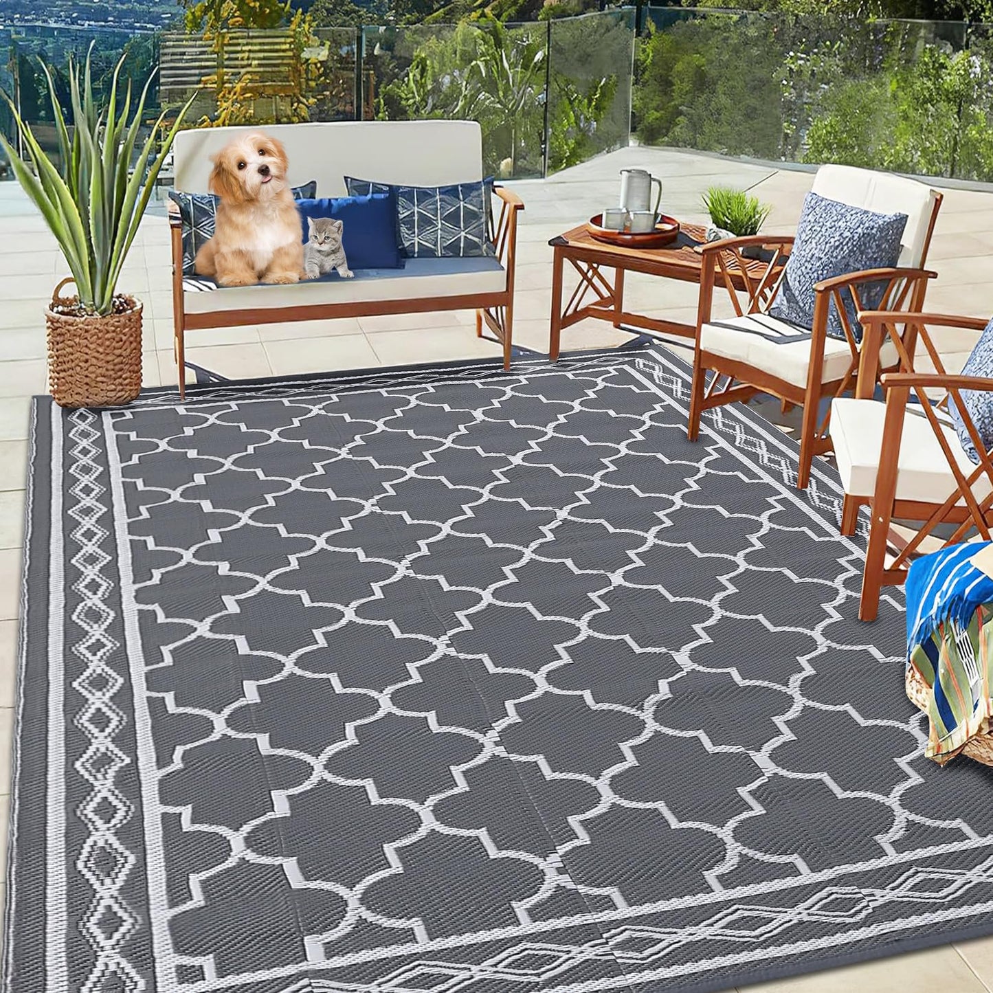 GlowSol Reversible Outdoor Rug 9x12 ft Clearance, Waterproof Outdoor Plastic Straw Rug with Carry Bag, Modern Geometric Patio Rug,RV Mat for Porch,Deck,Backyard,Camping,Balcony,Deck,Backyard,Grey