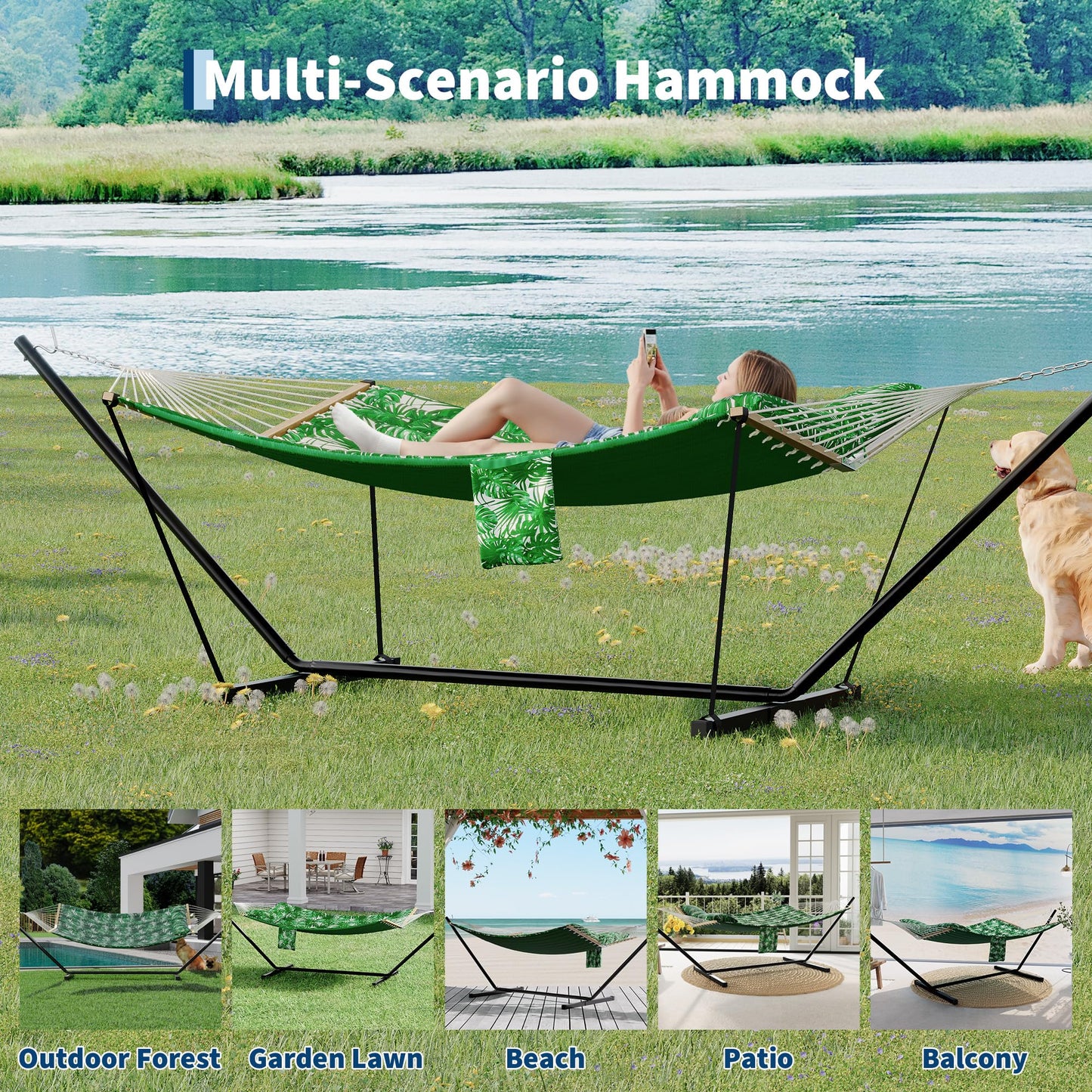 2 Person Double Hammock with Adjustable Steel Stand & Pillow, Heavy Duty Portable Outdoor Hammock Set, MAX 450 LBS Weight Capacity for Patio, Garden, Beach, Backyard