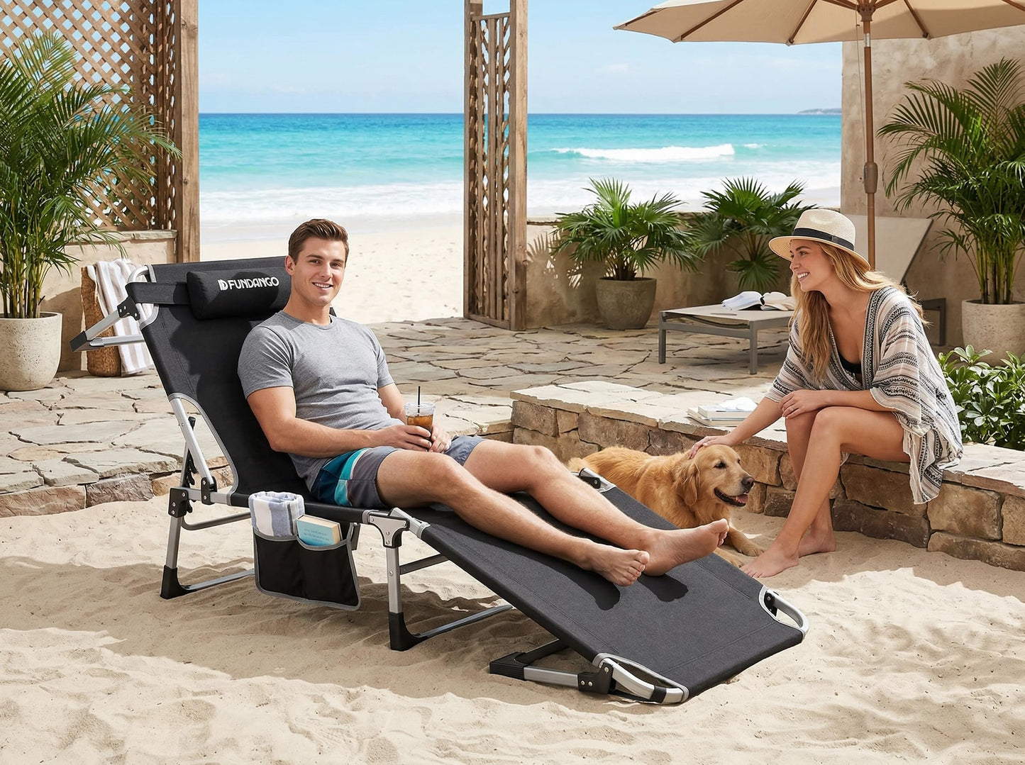 FUNDANGO Oversize Lounge Chair Outdoor, 300 lbs Large Camping Cots for Adults Heavy Duty Extra Wide Sturdy with Pillow for Outside Patio Beach Pool