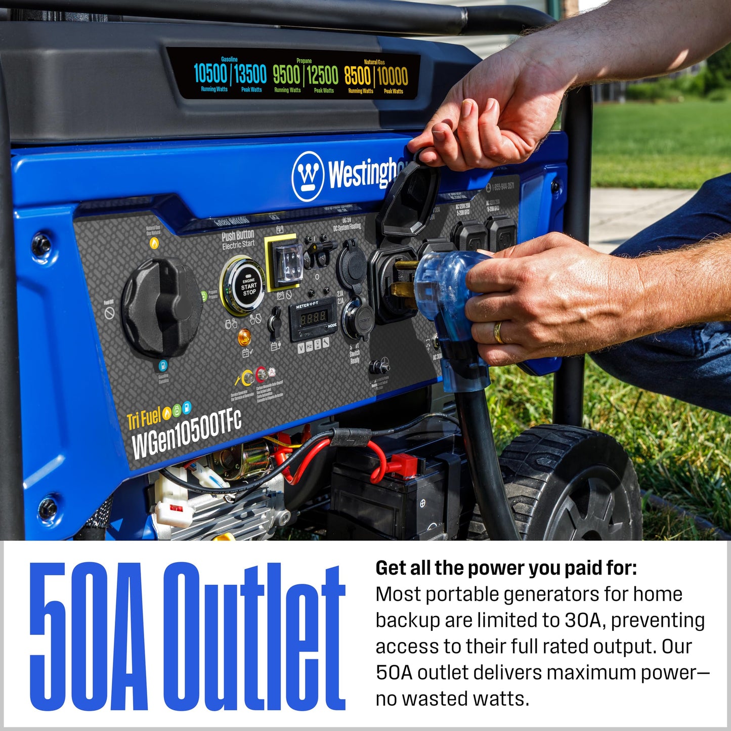 Westinghouse 13500 Peak Watt Tri-Fuel Home Backup Portable Generator, Remote Electric Start, Transfer Switch Ready, Gas, Propane, and Natural Gas Powered