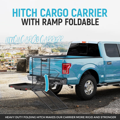 ECOTRIC 46.2 X 26.8 X 38.7 Inch Hitch Cargo Carrier W/Ramp Foldable 500 Lbs Trailer Hitch Mount Steel Wheelchair Carrier Mobility Scooter Ramp 2" Hitch Receiver for Snow Blower SUV Truck Van Car