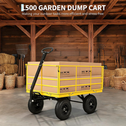 Heavy Duty 4-in-1 Steel Garden Dump Cart - 1500 lbs Capacity - 13 Inch All-Terrain Wheels - Removable Mesh Sides & Swivel Handle - Yellow Frame, Black Hubs & Handlebars