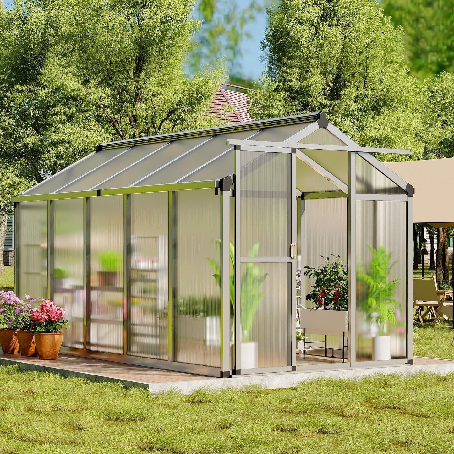 6X10 FT Greenhouse, Greenhouses for Outside, Aluminum Frame Polycarbonate Panels with Sliding Lockable Door and Ajustable Roof Vent, Spacious Walk-in Design for Backyard, Garden, Patio, Silver