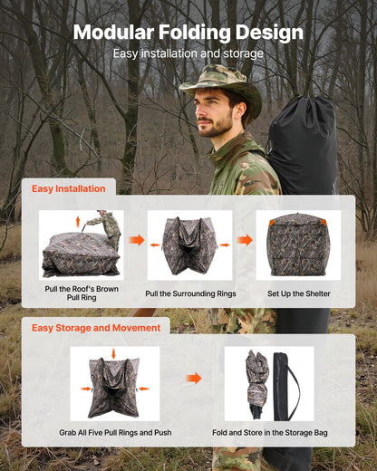 VEVOR Hunting Blind, 4-5 Person See Through Ground Blinds with Carrying Bag, 270 Degree Portable Camouflage Tent, Durable Concealed Shelter with Silent Magnetic Door and Window, for Turkey and Deer