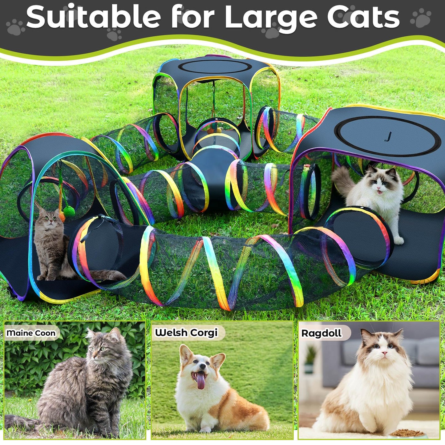 CypherX Outdoor Rainbow Cat Enclosure, 7-in-1 Portable Pop Up Cat Tents and Tunnels for Outside, Outdoor Catio Mesh Pet Playpen House, Large Playground for Large Cats and Other Animals