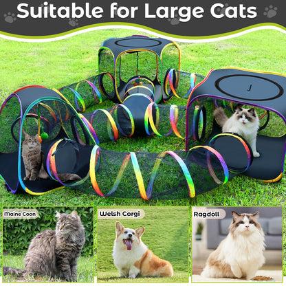 CypherX Outdoor Rainbow Cat Enclosure, 7-in-1 Portable Pop Up Cat Tents and Tunnels for Outside, Outdoor Catio Mesh Pet Playpen House, Large Playground for Large Cats and Other Animals